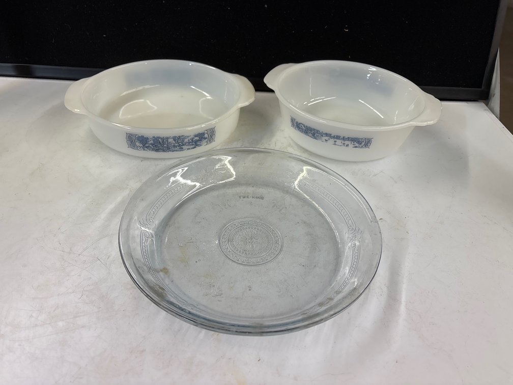 Fire King & Pyrex Pie Plates; (2) Casserole Bowls