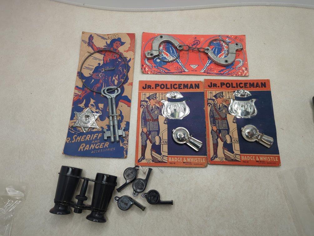 Vtg Policeman Toys, Binoculars, Dragnet Whistles