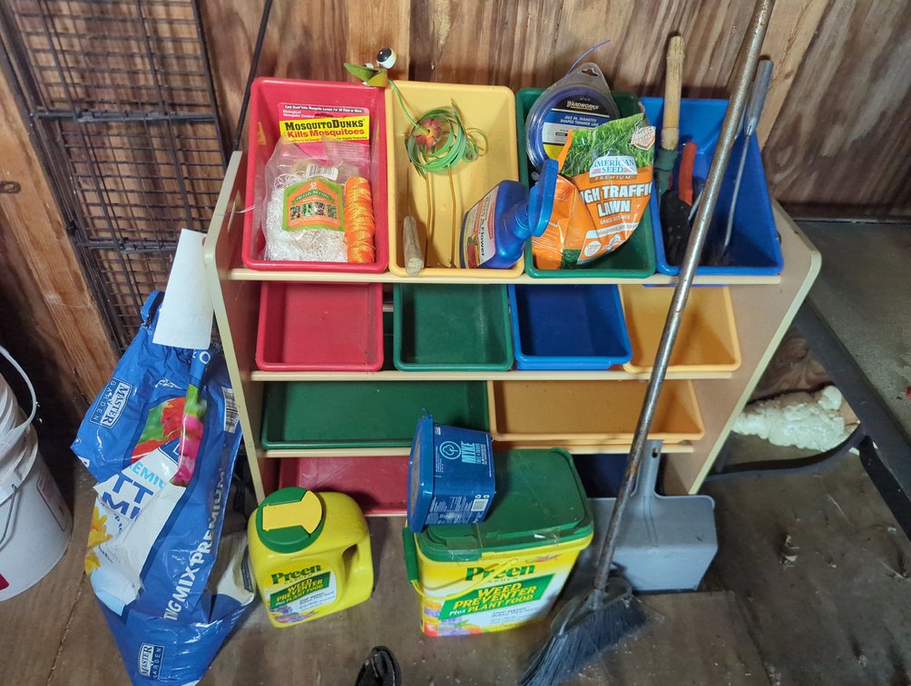 Organizer Bins, Buckets, Weed Preventer & Tools