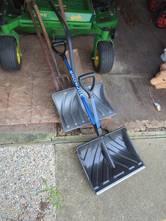 (2) Snow Shovels, Spade Shovel, (2) Forks