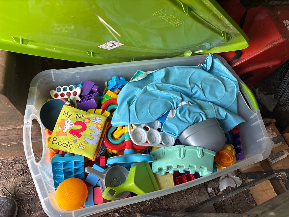 Tote full of children’s toys and building blocks