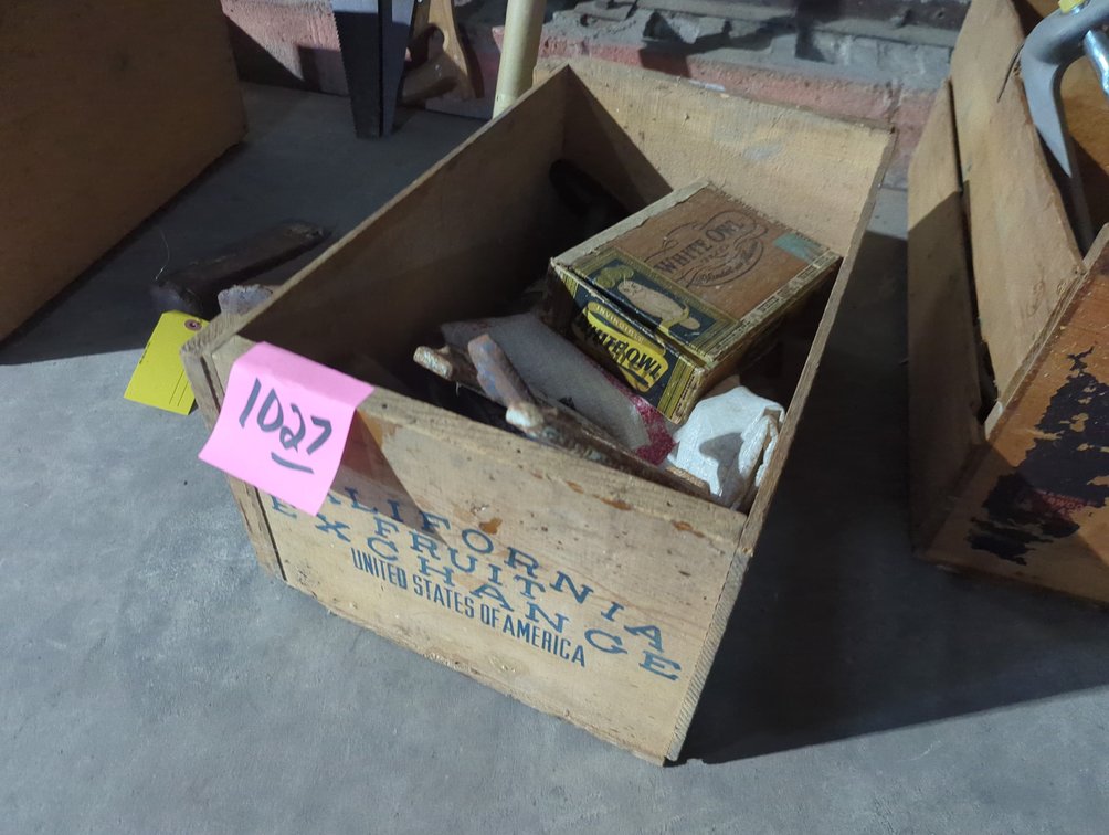 Horseshoes, Vtg Drill & More in Wood Fruit Crate