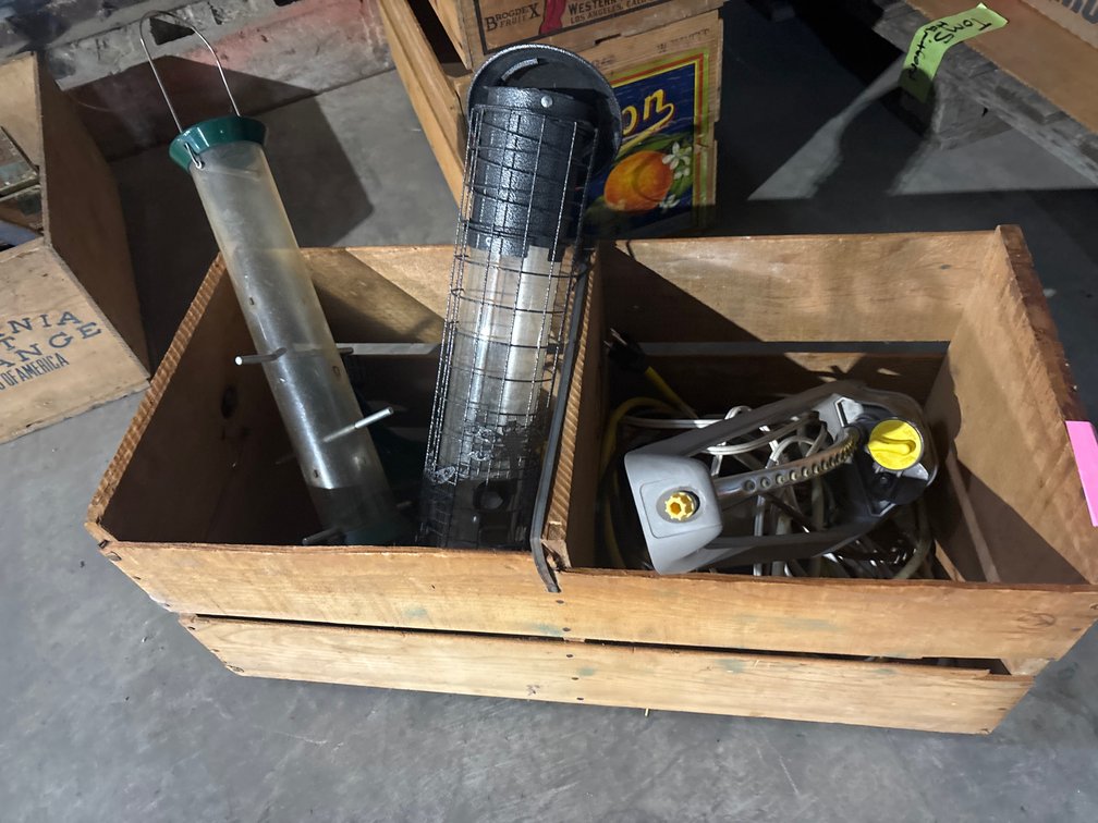 Fruit crate, bird feeders, sprinkler, electrical cords