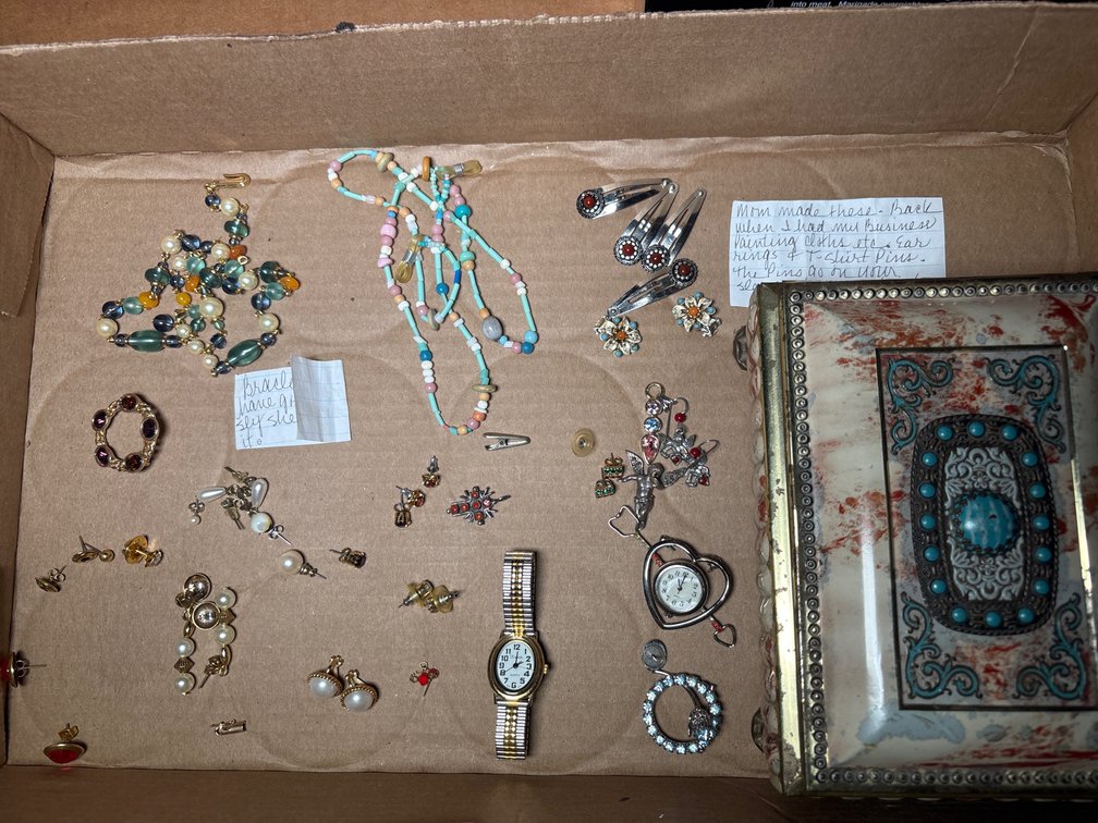 Costume jewelry, watches, plastic jewelry box