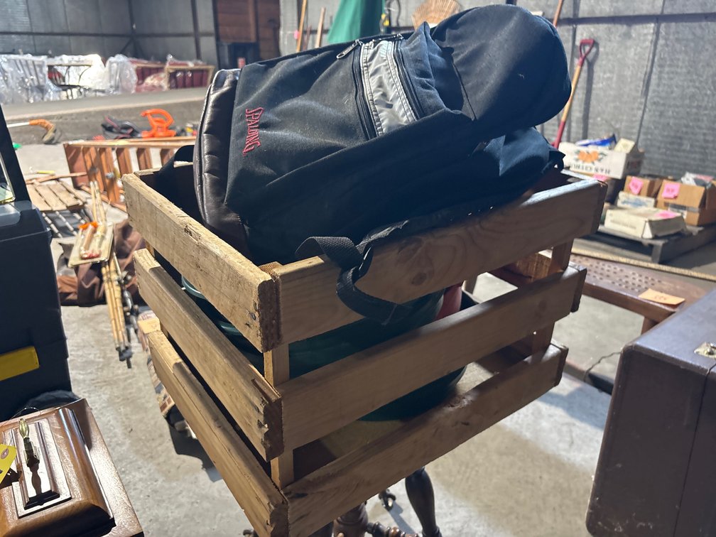 (4) gold pans, (3) sieves, crate, hard hat