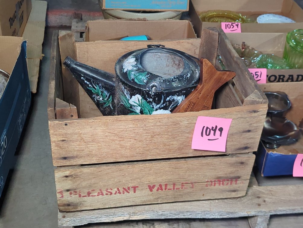 Fruit Crate; Painted Sprinkling Can; (2) Cribbage Boards