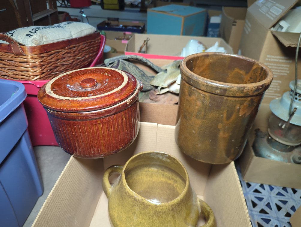Bean Pot; Small Crock; Pottery Vase & Glass Bottle