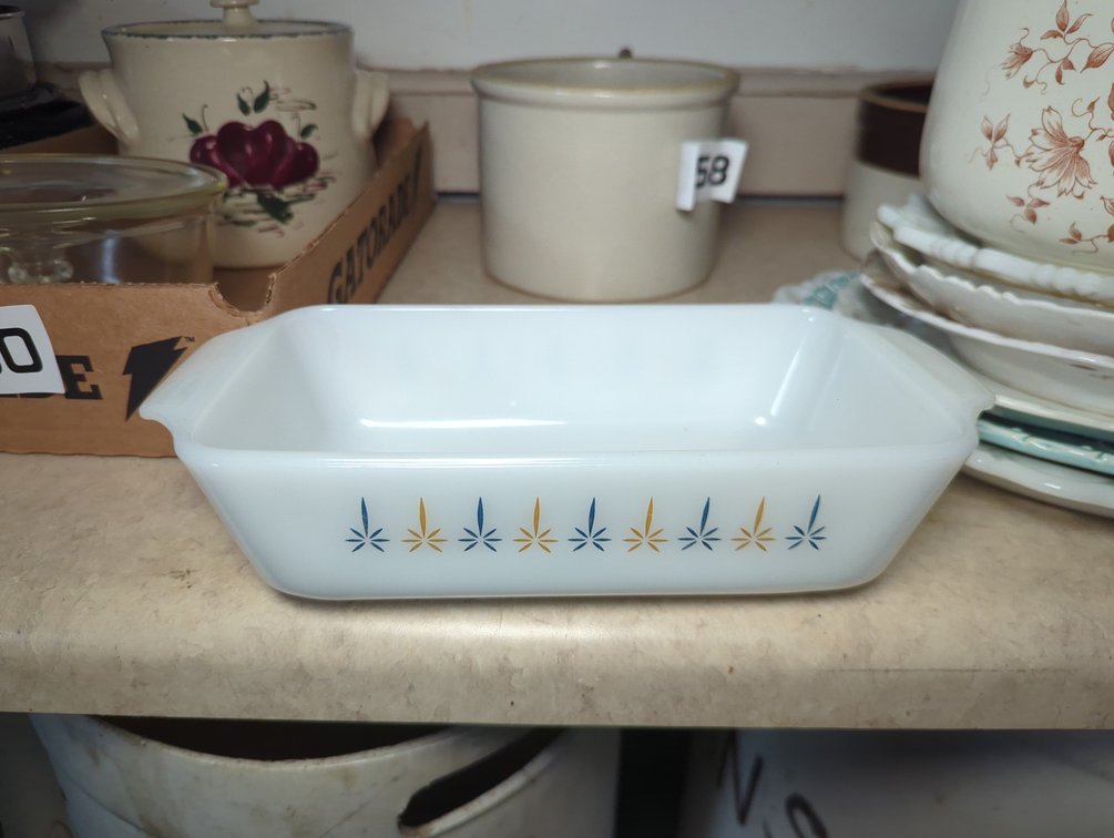 Fire King Candle Glow Loaf Pan; Pyrex Dish