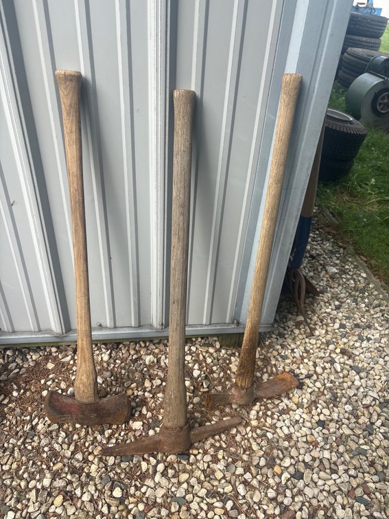 Axe, pick axe, grub axe, (2) shovels