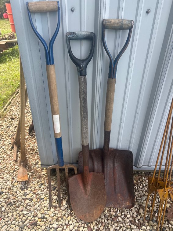Garden fork, scoop shovel, and spade