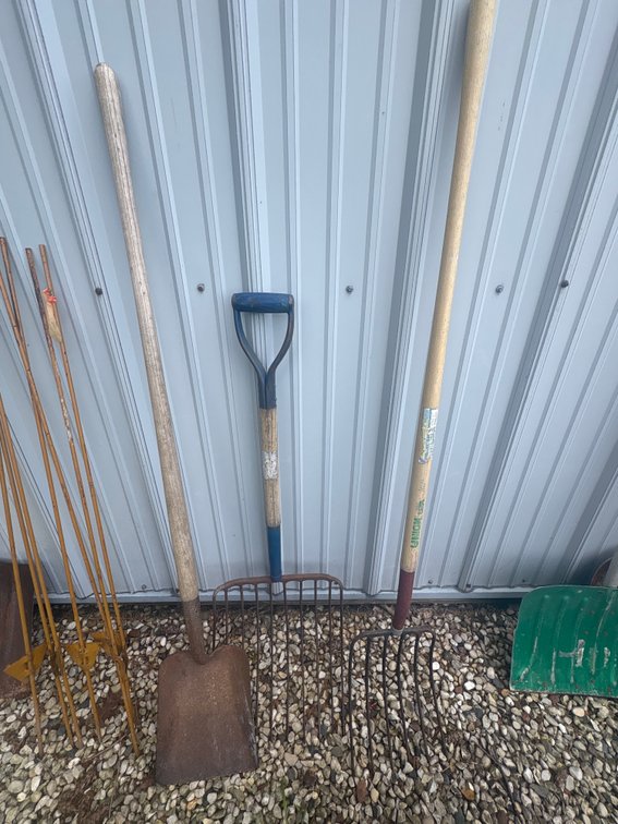 Pitch fork, hay fork and shovel