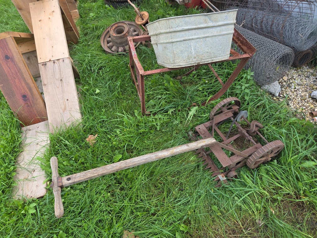 Galvanized Tub; Barrel Cart; Vtg Reel Mower