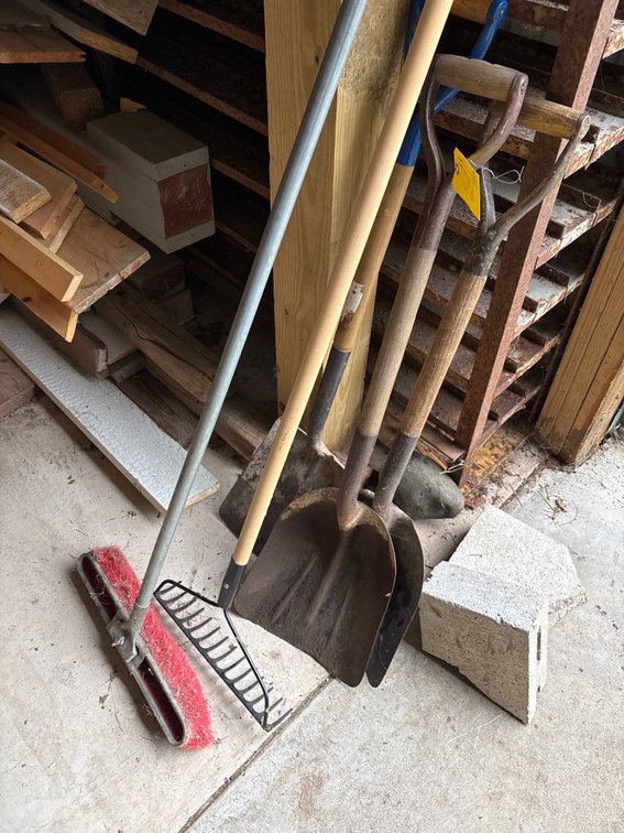 (3) Shovels, Broom & Rake