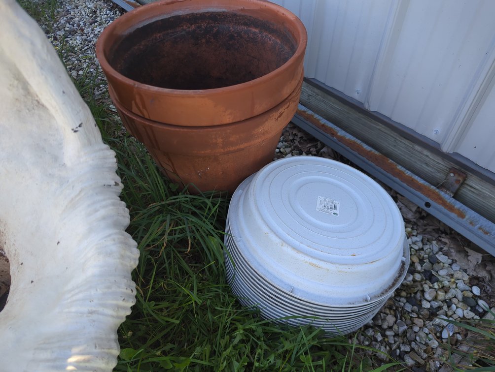 (2) Large 15-1/2" Clay Pots; (14) 15-5/8" Plastic Pot Trays