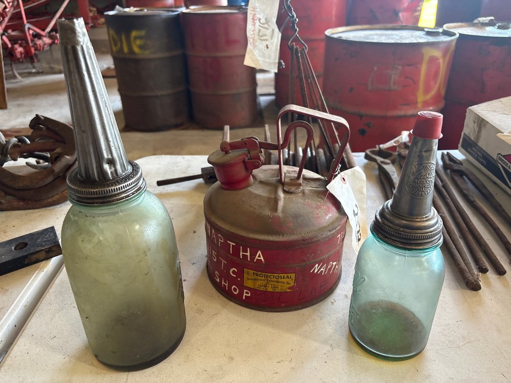 (2) Vintage oil spouts, 1 gallon safety can