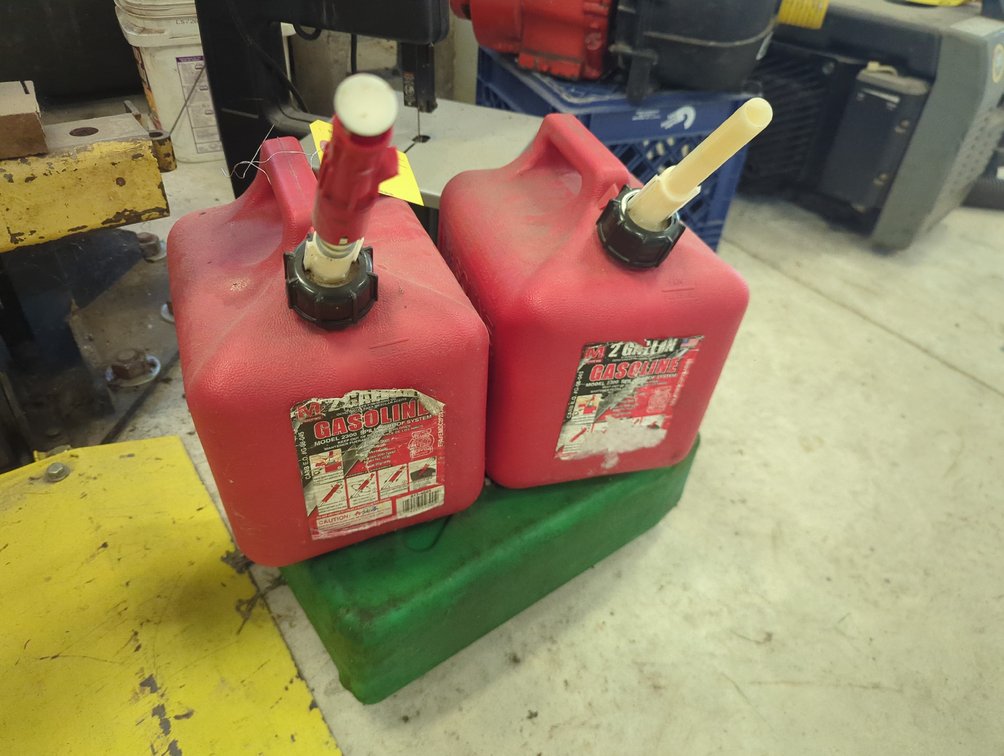(2) 2 Gallon Plastic Gas Cans; Oil Drain Pan