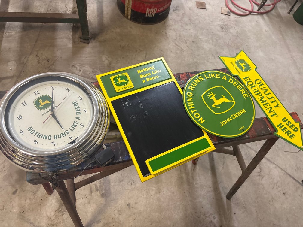John Deere Clock, signs, chalk board