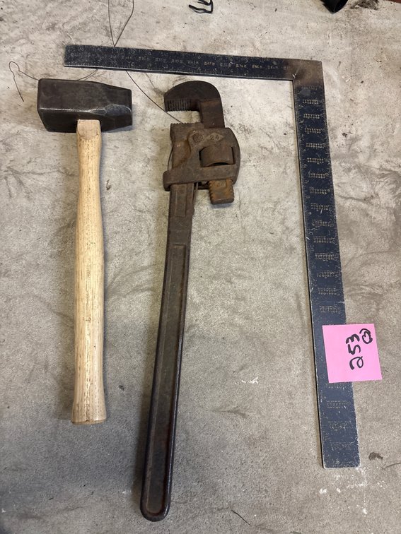 Hand maul, 24 inch pipe wrench, metal square