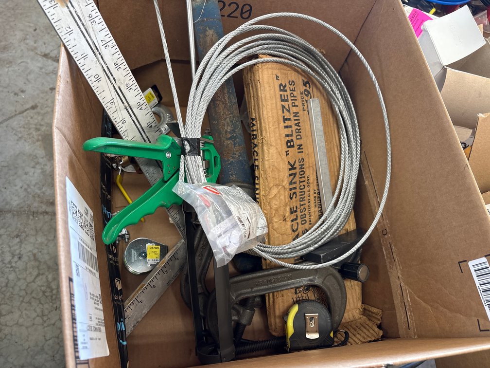 C Clamps, dry wall square, cable, machete