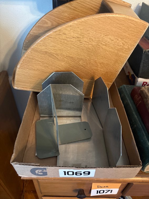 Metal book ends, wooden magazine holder