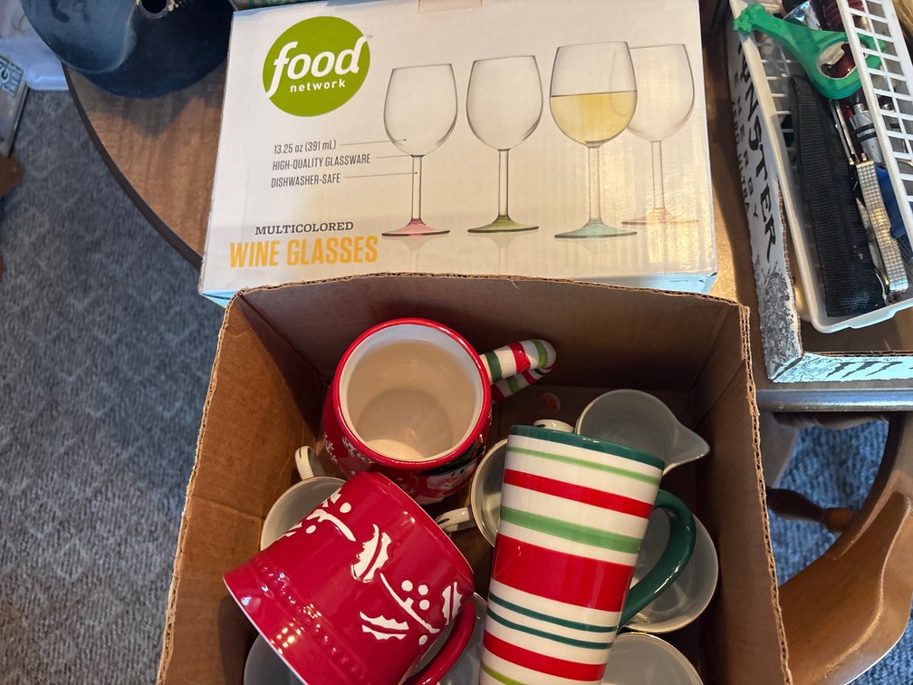 Wine glasses, xmas mugs, platters, dishware