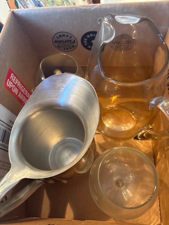 Metal pitcher, glass pitcher, glassware