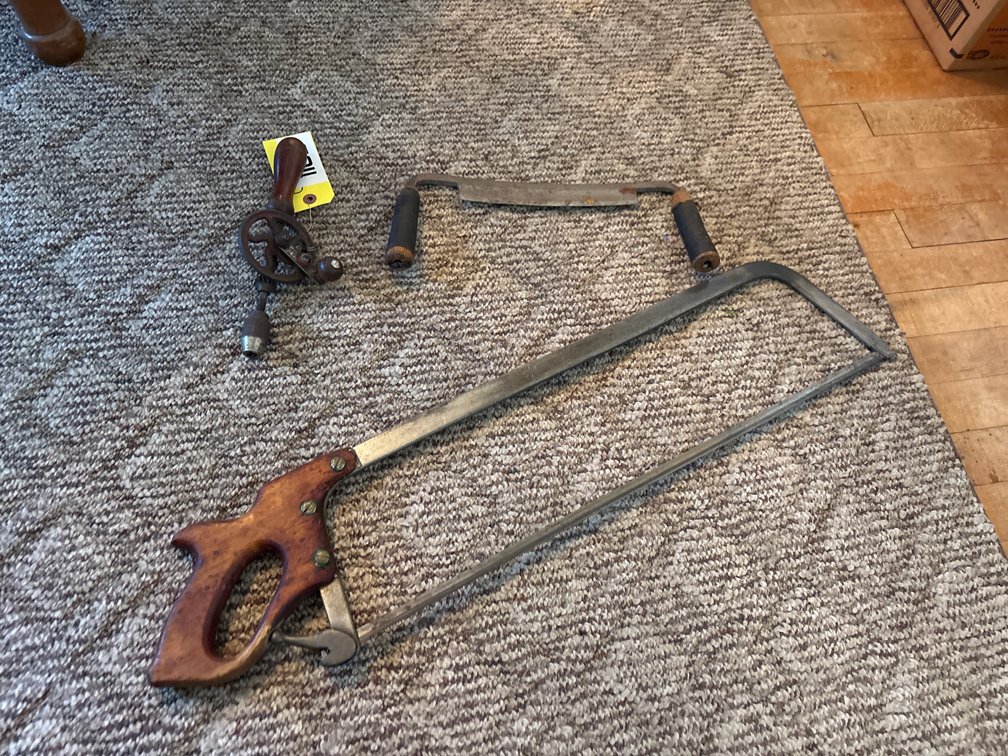 Vintage Draw knife, hand drill, meat saw