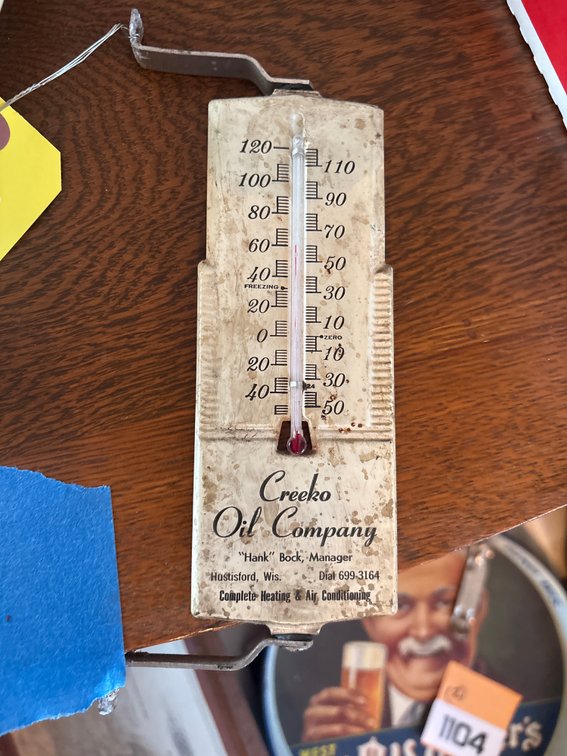 Metal advertising Thermometer, Creeko Oil Co Hustisford, WI