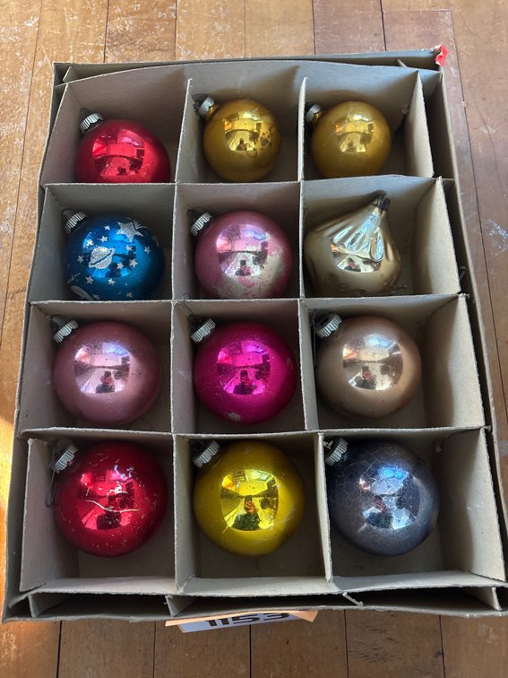 (12) Glass Ornaments in Shiny Brite Box