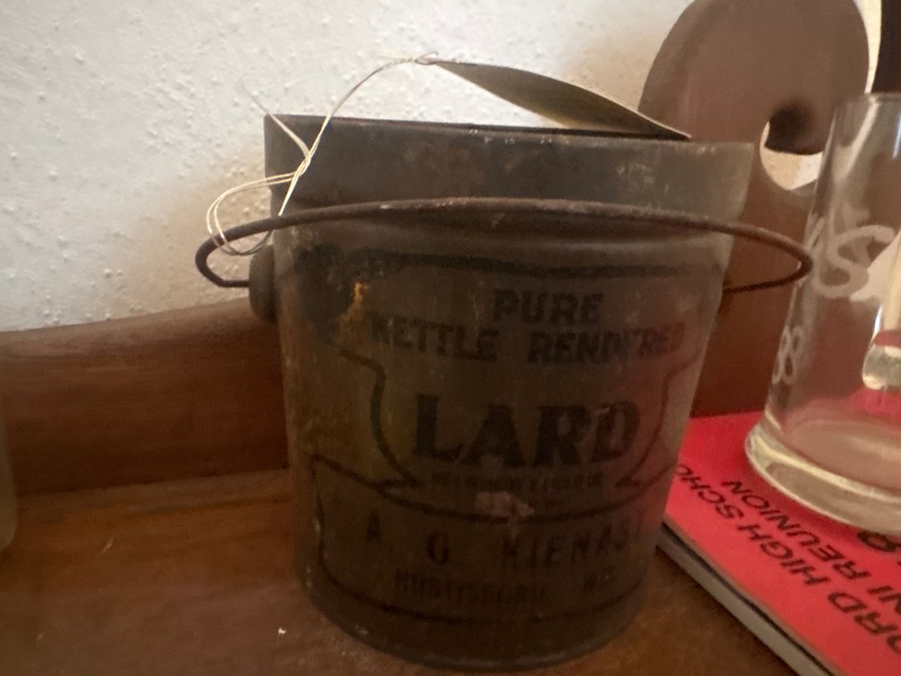 Vintage local advertising lard bucket tin