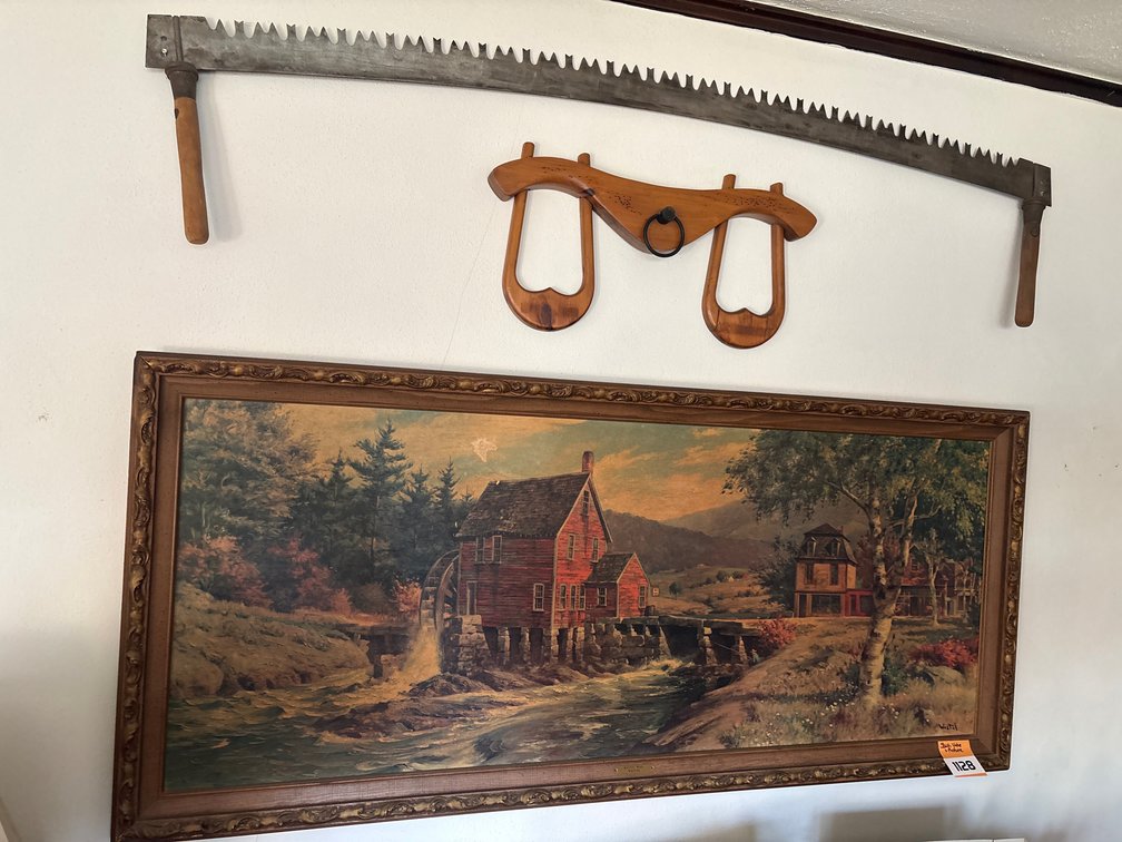 Two person saw, yoke, framed mill picture