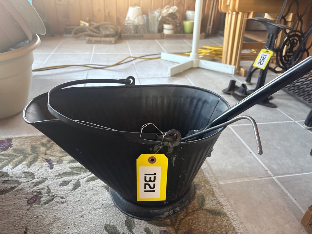 Vintage metal ash, bucket, and contents