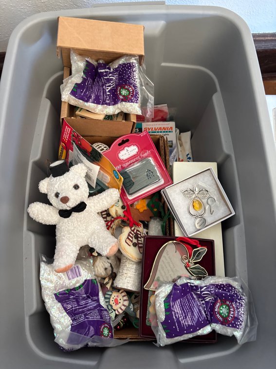 Ornaments and Christmas lights tote
