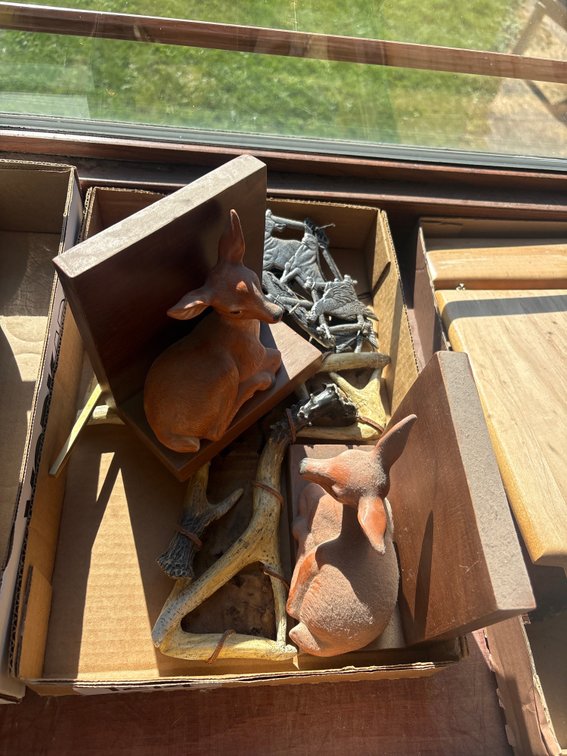 Ceramic deer book ends, wildlife wind chime, crosses
