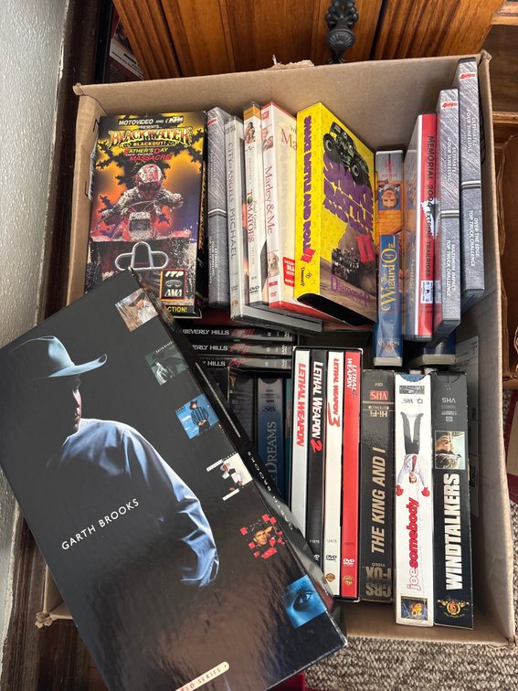 DVDs, VHS Tapes, CDs box