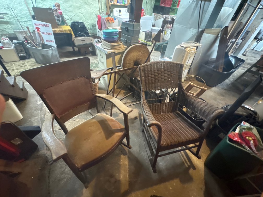 Wicker and oak padded rocking chairs