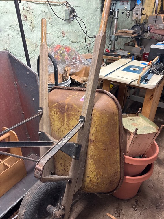 Radio Wheelbarrow, Metal Stool & (2) Pots