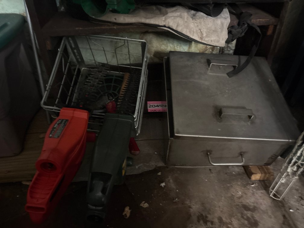 Stainless steel box, hatchet, hedge trimmers