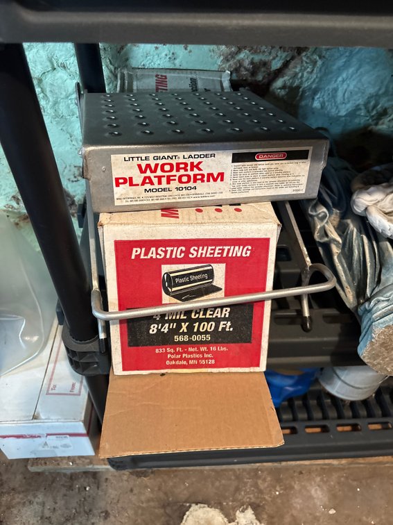 Ladder work platform, plastic sheeting
