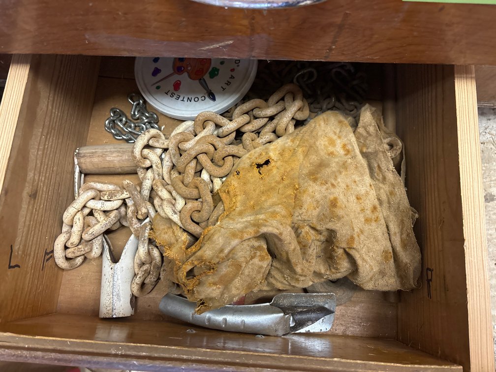 Contents of Drawer, Large Chain, Shovel Handles & More