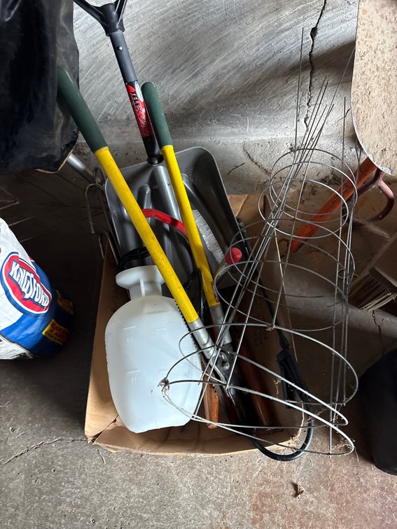 Tomato cages, lapper, hedge, trimmer, shovel