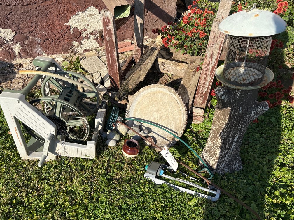 Cement Bird Bath, Hose Reel, Squirrels & Hooks