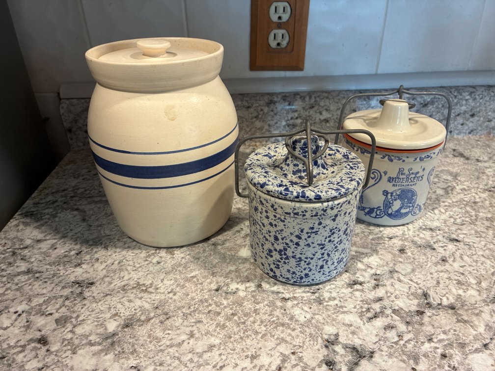 Blue Stripe Crock With Small Stoneware “Cheese” Crocks