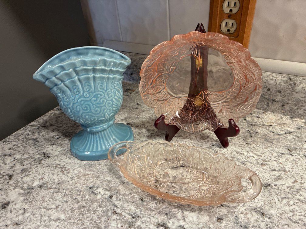 Pink Depression Pear Dishes And Ceramic Vase