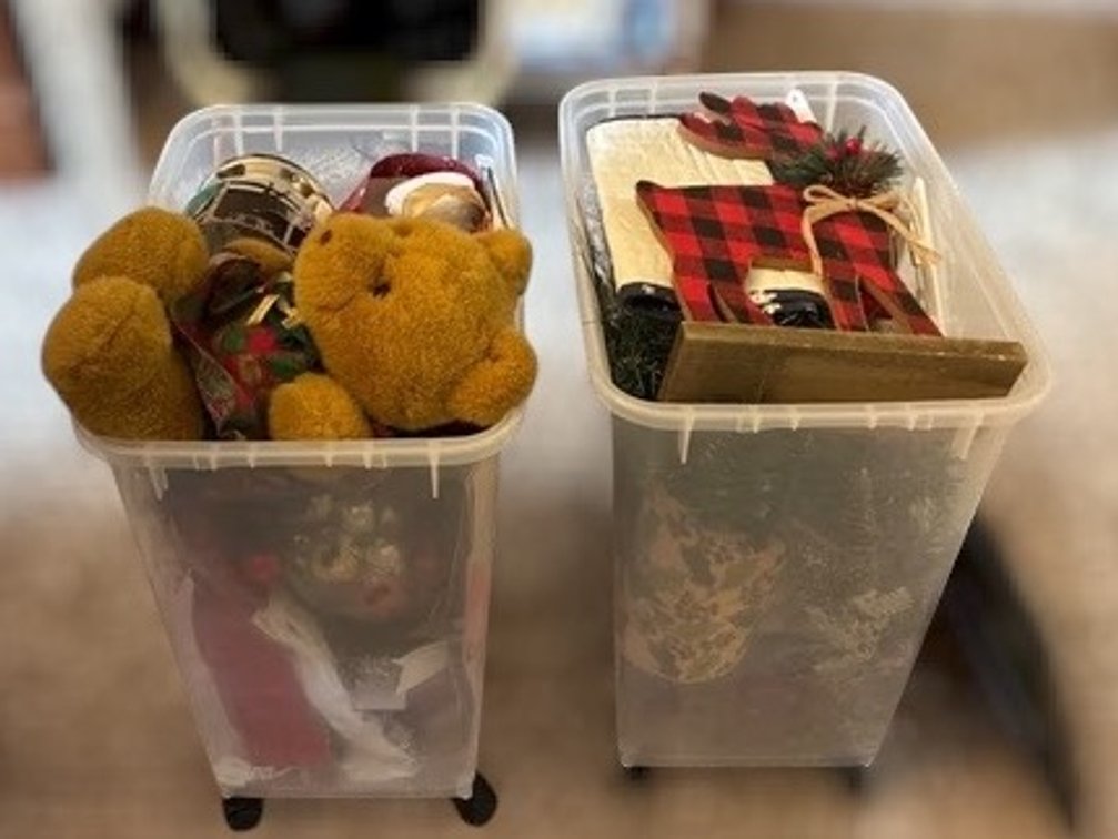2 Rolling Totes Filled With Assorted Holiday