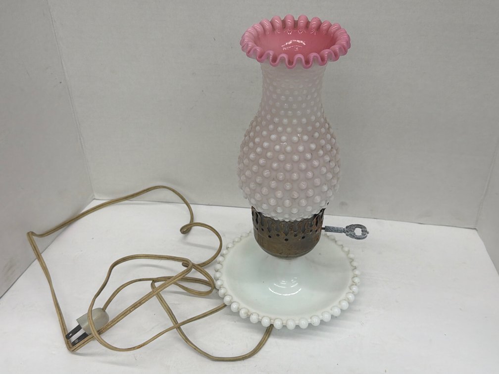 Pink & White Hobnail Hurricane Lamp