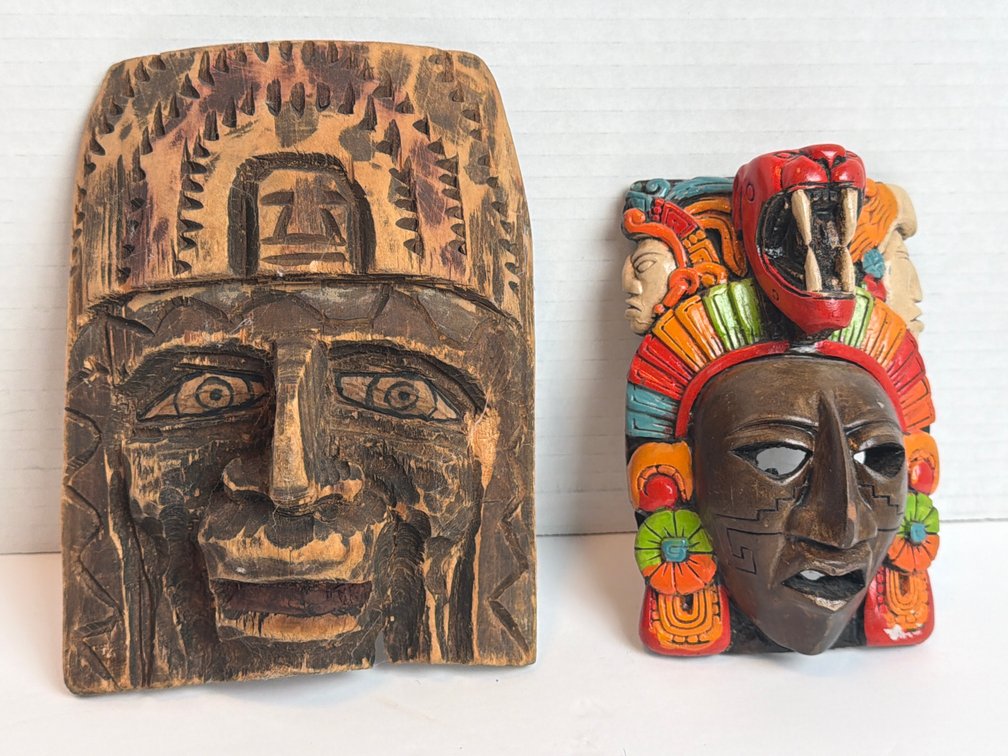 Wood Carved & Ceramic Aztec Warrior Masks