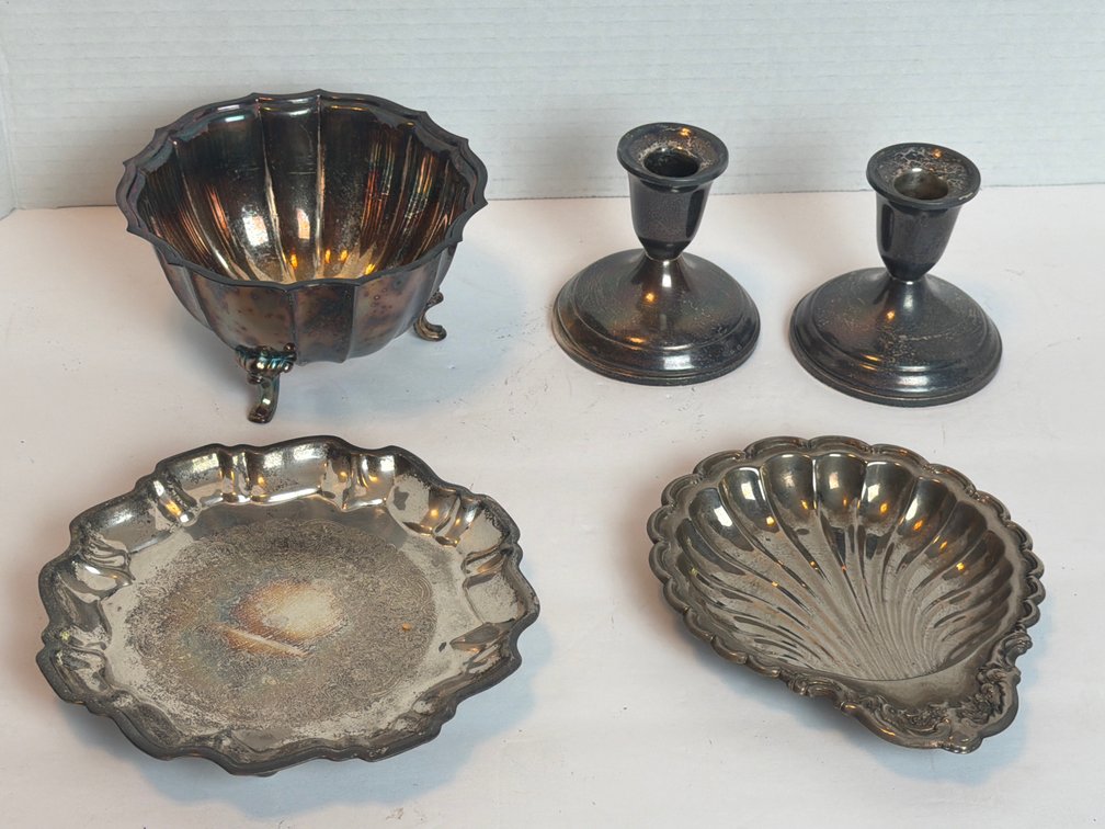 Sterling Weighted Candlestick Holders & Silver Plate Decor