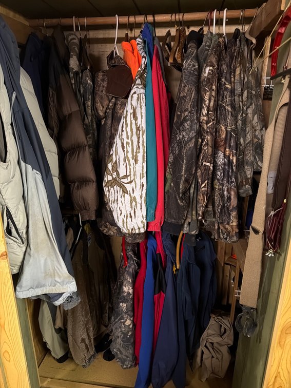 Hunting Jackets & Assorted Clothing & Accessories in Closet