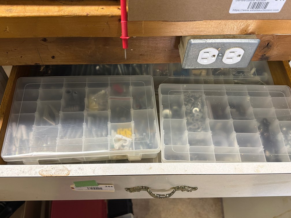 Assorted Hardware & Tool Related in Workbench Drawers